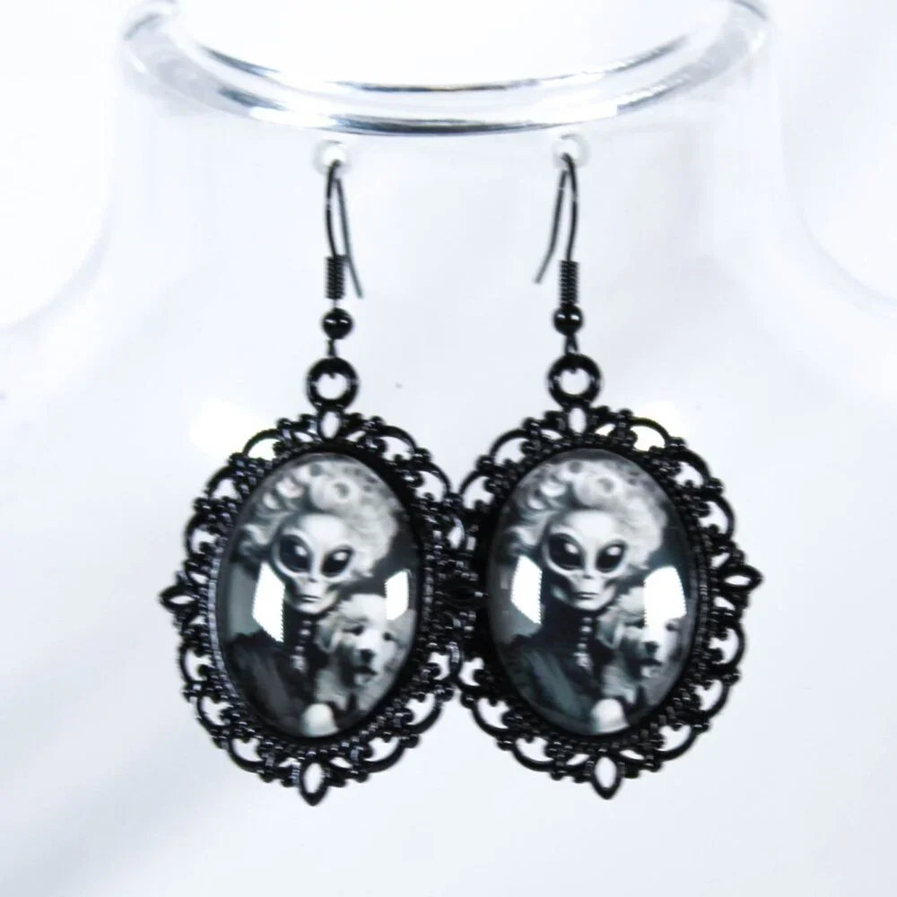 Alien Aristopaw Gothic Victorian Alien Woman & Pyrenees Puppy Earrings